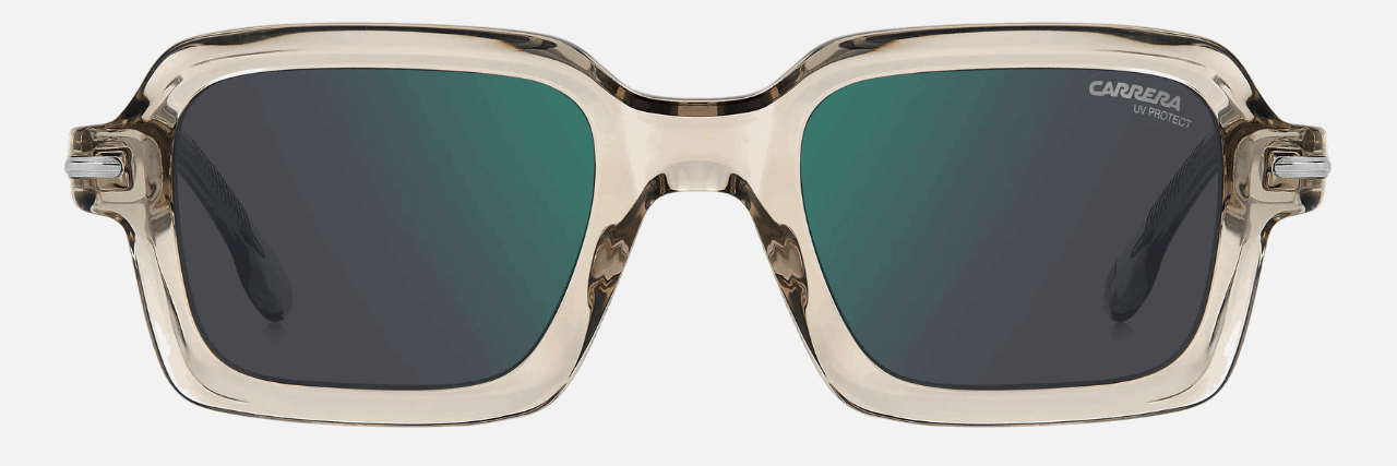 Carrera 358/S R1T men's full rim rectangle sunglasses in beige ruthenium frame and green mirror lenses, with 50 mm lens size, 22 mm bridge size, and 150 mm temple size. Available in Dubai, UAE.