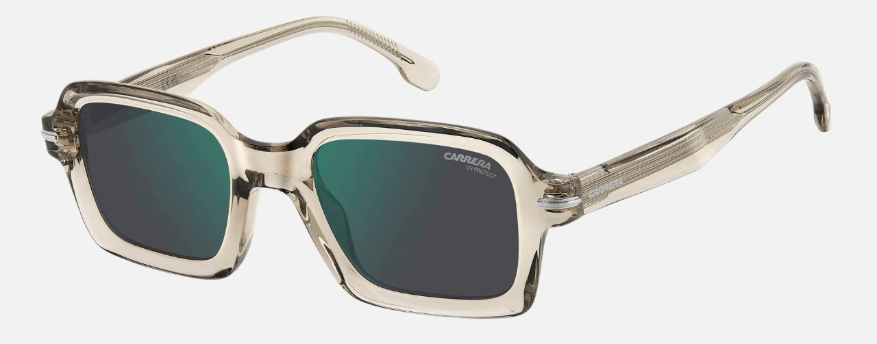 Carrera 358/S R1T men's full rim rectangle sunglasses in beige ruthenium frame and green mirror lenses, with 50 mm lens size, 22 mm bridge size, and 150 mm temple size. Available in Dubai, UAE.