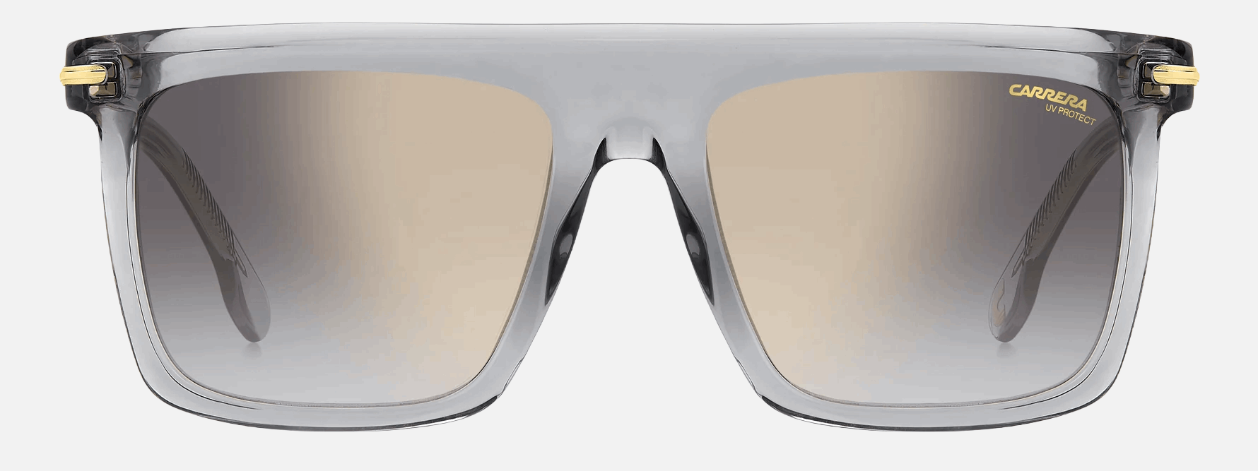 Carrera 359/S KB7 men's full rim rectangle sunglasses in transparent grey frame and grey gradient gold mirror lenses, with 56 mm lens size, 19 mm bridge size, and 150 mm temple size. Available in Dubai, UAE.