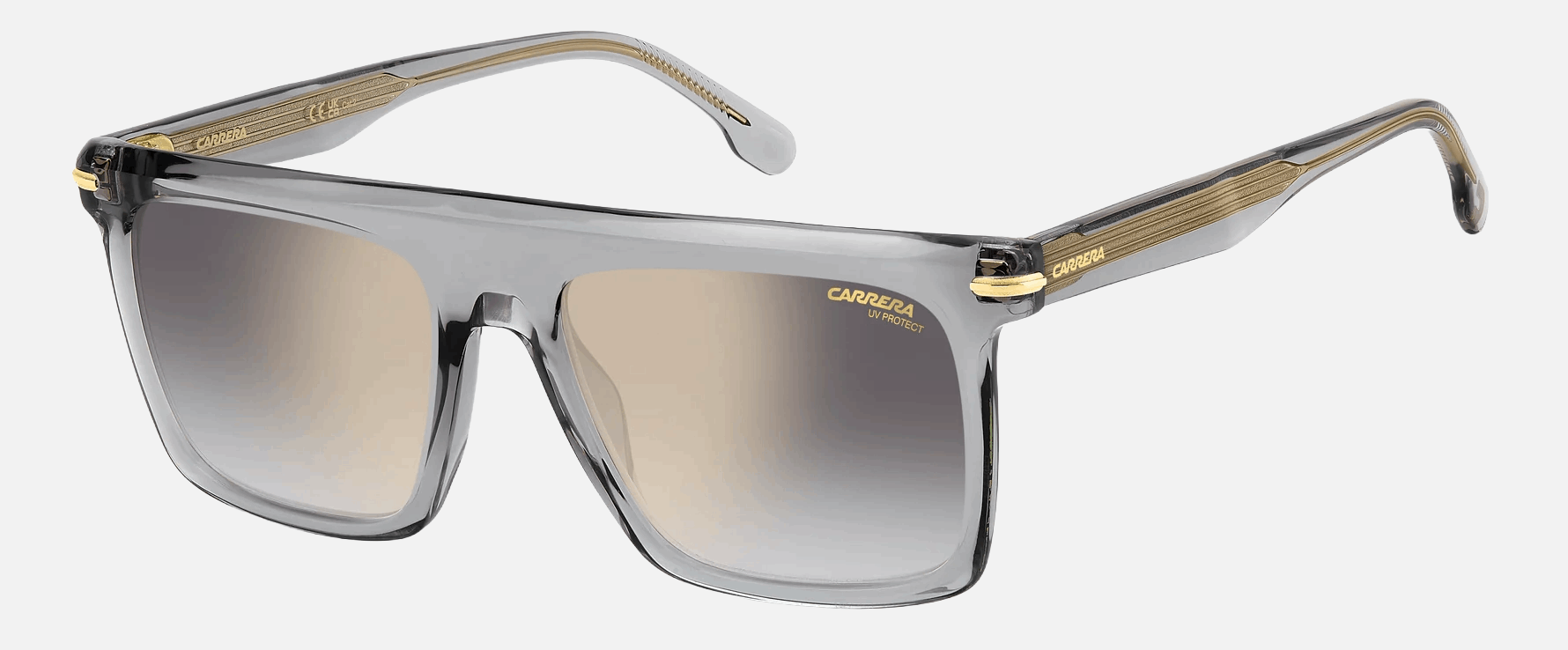 Carrera 359/S KB7 men's full rim rectangle sunglasses in transparent grey frame and grey gradient gold mirror lenses, with 56 mm lens size, 19 mm bridge size, and 150 mm temple size. Available in Dubai, UAE.