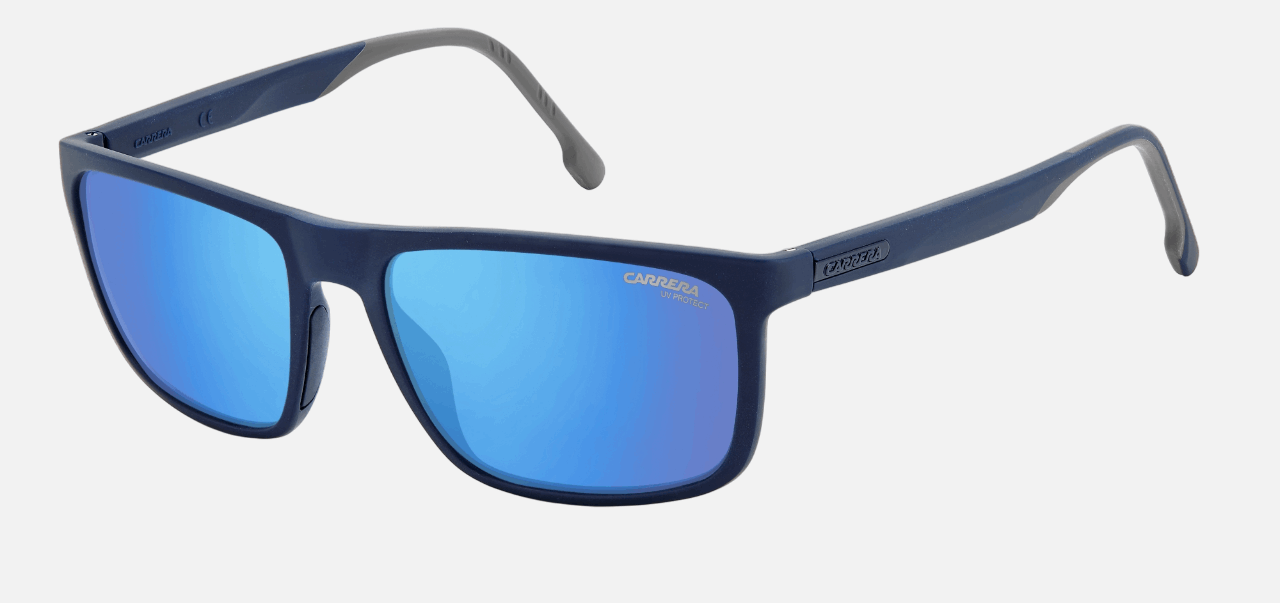 Carrera 8047/S PJP men's full rim rectangle sunglasses in blue frame and blue mirror lenses, with 58 mm lens size, 18 mm bridge size, and 145 mm temple size. Available in Dubai, UAE.