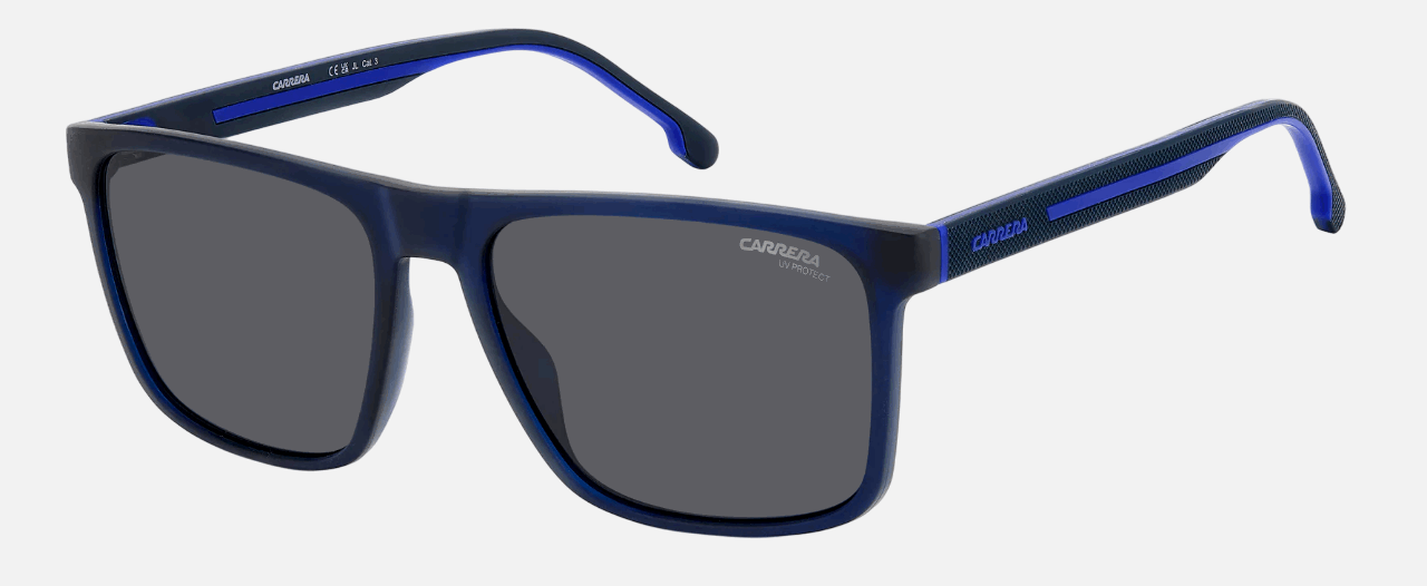 Carrera 8064/S FLL men's full rim square sunglasses in matte blue frame and grey lenses, with 57 mm lens size, 17 mm bridge size, and 145 mm temple size. Available in Dubai, UAE.