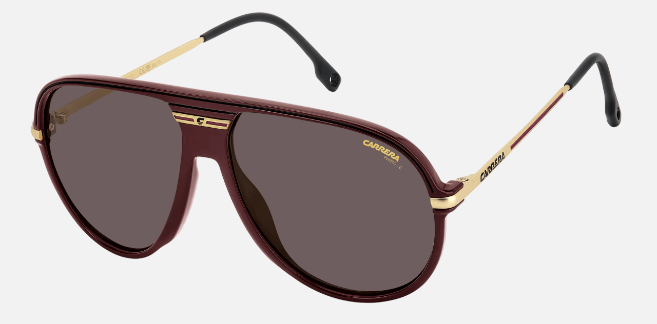 Carrera C SPORT 06/S LHF men's full rim pilot sunglasses in burgandy frame and orange photochromic lenses, with 61 mm lens size, 14 mm bridge size, and 145 mm temple size. Available in Dubai, UAE.