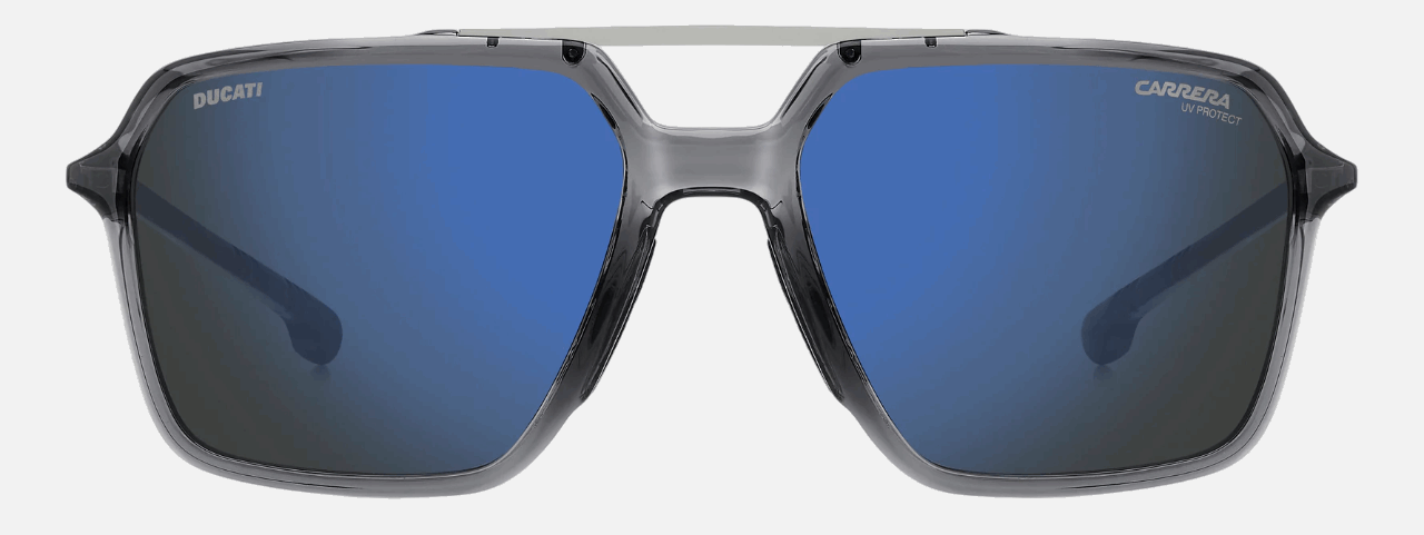 Carrera CARDUC 042/S R6S  men's full rim rectangle sunglasses in grey black frame and blue sky mirror lenses, with 55mm lens size, 17mm bridge size, and 145mm temple size. Available in Dubai, UAE.