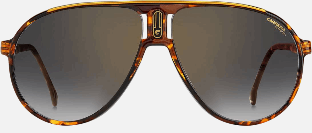 Carrera CHAMPION65/N WR9  men's full rim pilot sunglasses in brown havana frame and grey gradient gold mirror lenses, with 62mm lens size, 12mm bridge size, and 130mm temple size. Available in Dubai, UAE.