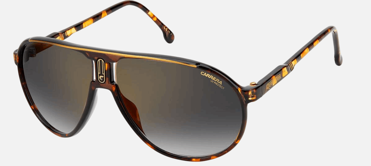 Carrera CHAMPION65/N WR9  men's full rim pilot sunglasses in brown havana frame and grey gradient gold mirror lenses, with 62mm lens size, 12mm bridge size, and 130mm temple size. Available in Dubai, UAE.