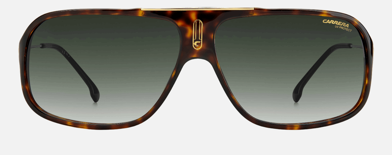 Carrera COOL65 086  men's full rim rectangle sunglasses in dark havana frame and green gradient lenses, with 64mm lens size, 12mm bridge size, and 135mm temple size. Available in Dubai, UAE.