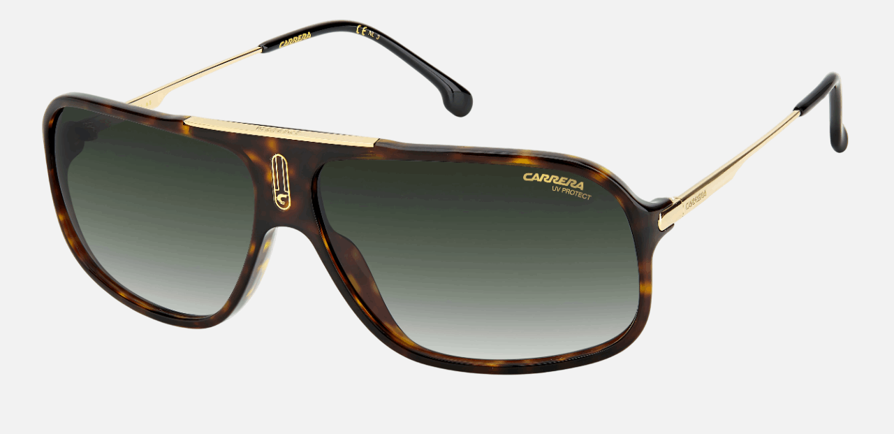Carrera COOL65 086  men's full rim rectangle sunglasses in dark havana frame and green gradient lenses, with 64mm lens size, 12mm bridge size, and 135mm temple size. Available in Dubai, UAE.