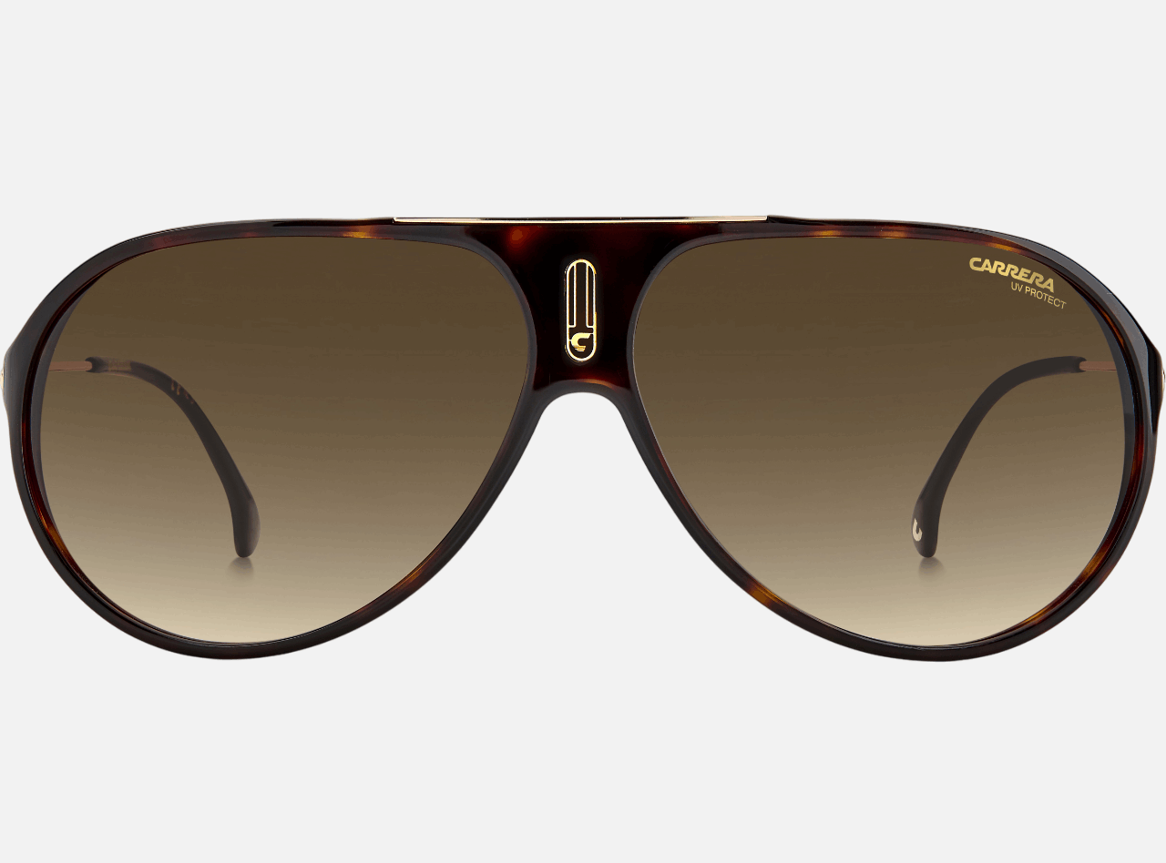 Carrera HOT65 086  unisex's full rim navigator sunglasses in dark havana frame and brown gradient lenses, with 63mm lens size, 11mm bridge size, and 135mm temple size. Available in Dubai, UAE.