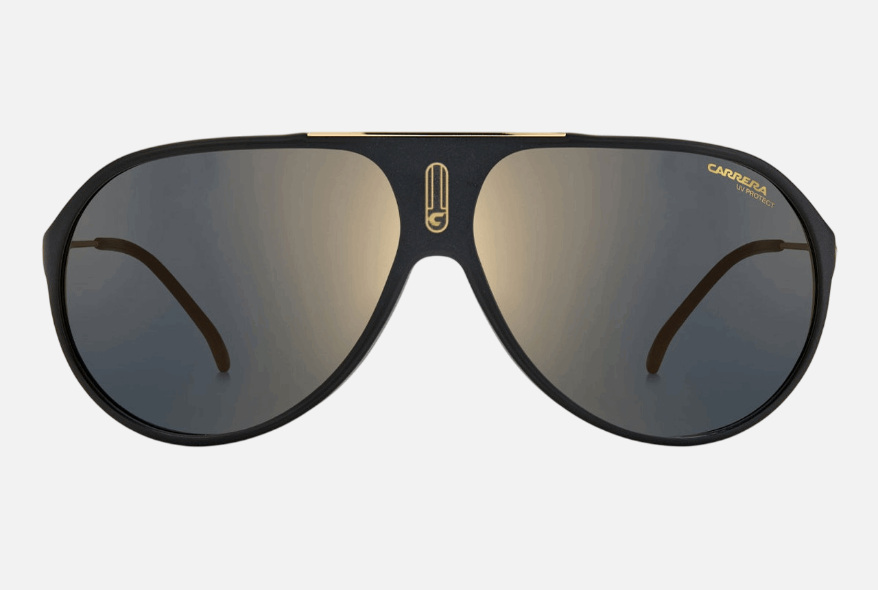 Carrera HOT65 I46  unisex's full rim navigator sunglasses in matte black gold frame and grey bronze mirror lenses, with 63mm lens size, 11mm bridge size, and 135mm temple size. Available in Dubai, UAE.