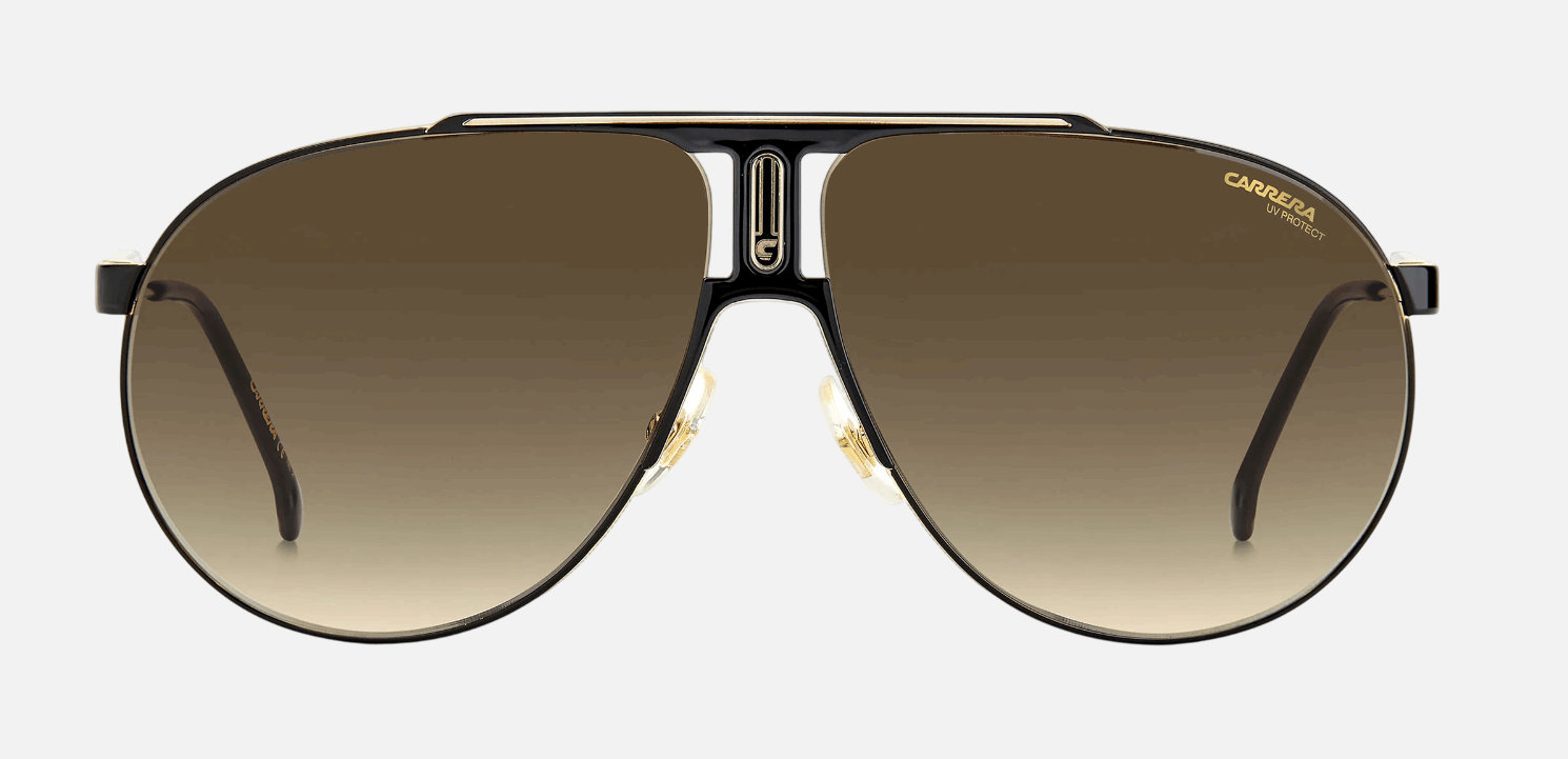 Carrera PANAMERIKA 65 2M2  unisex's full rim pilot sunglasses in black gold frame and brown gradient lenses, with 65mm lens size, 11mm bridge size, and 135mm temple size. Available in Dubai, UAE.