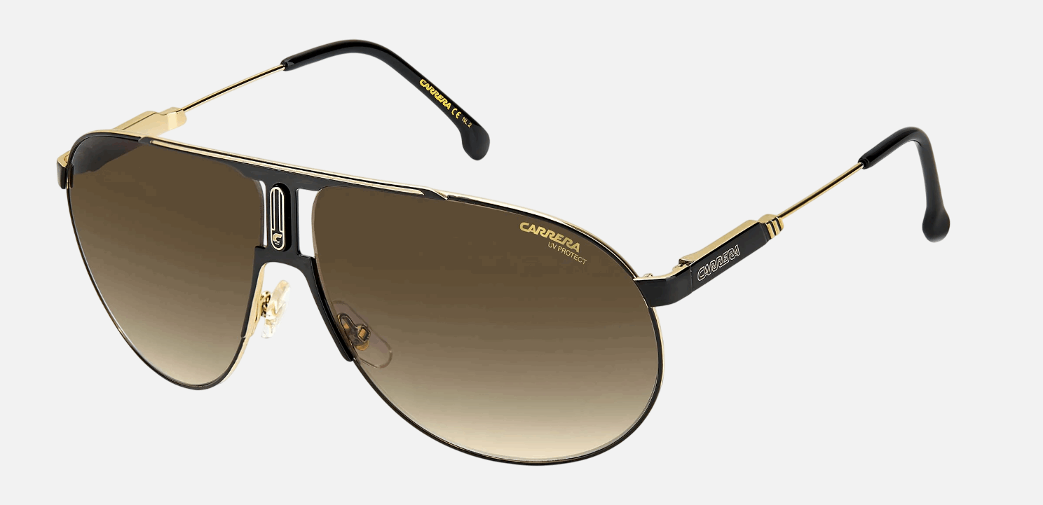 Carrera PANAMERIKA 65 2M2  unisex's full rim pilot sunglasses in black gold frame and brown gradient lenses, with 65mm lens size, 11mm bridge size, and 135mm temple size. Available in Dubai, UAE.