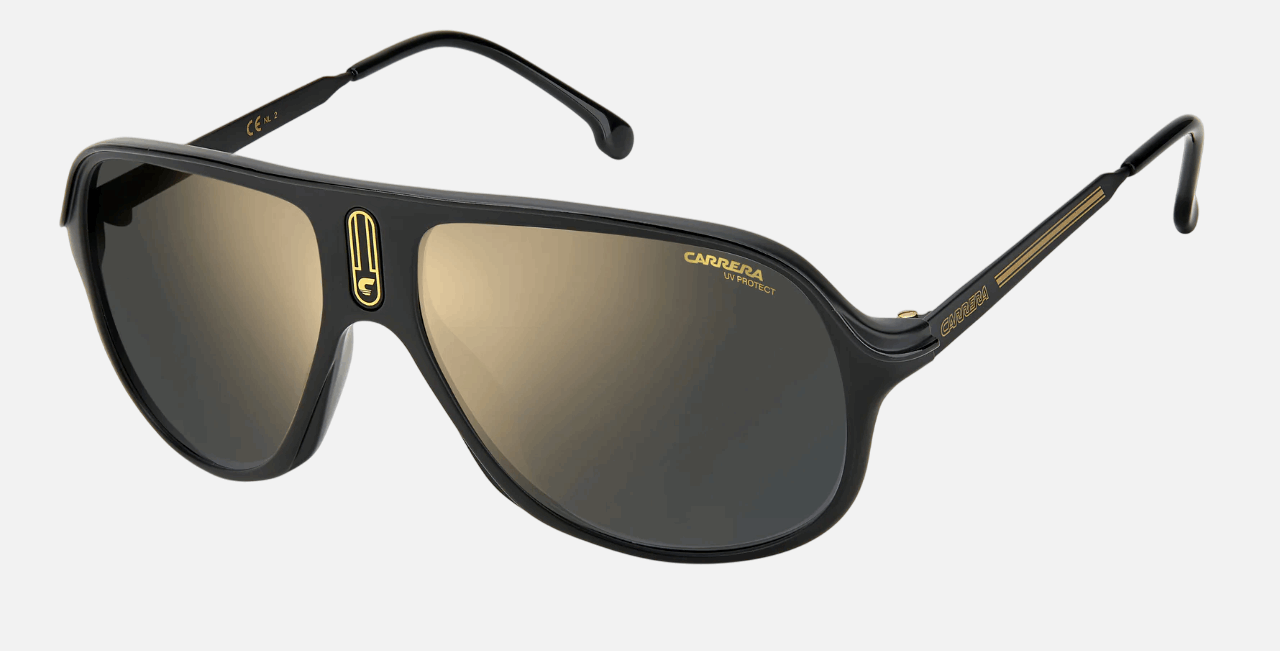 Carrera SAFARI 65/N 003  unisex's full rim pilot sunglasses in matte black frame and grey bronze mirror lenses, with 62mm lens size, 12mm bridge size, and 135mm temple size. Available in Dubai, UAE.