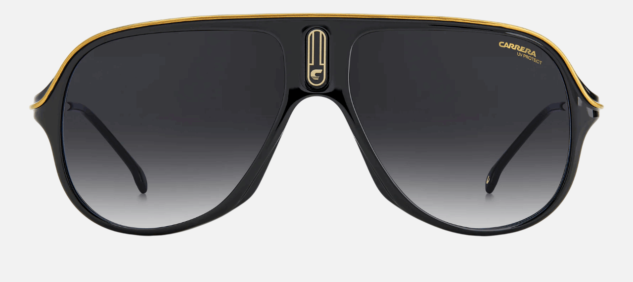 Carrera SAFARI 65/N 807  unisex's full rim pilot sunglasses in black frame and dark grey gradient lenses, with 62mm lens size, 12mm bridge size, and 135mm temple size. Available in Dubai, UAE.
