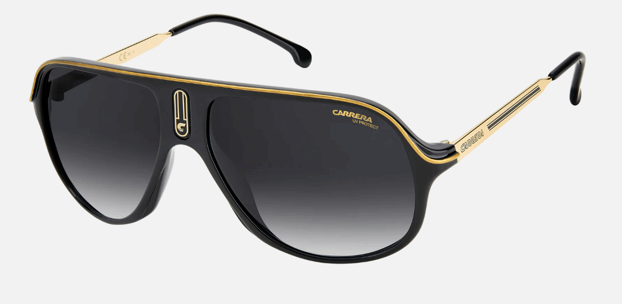 Carrera SAFARI 65/N 807  unisex's full rim pilot sunglasses in black frame and dark grey gradient lenses, with 62mm lens size, 12mm bridge size, and 135mm temple size. Available in Dubai, UAE.