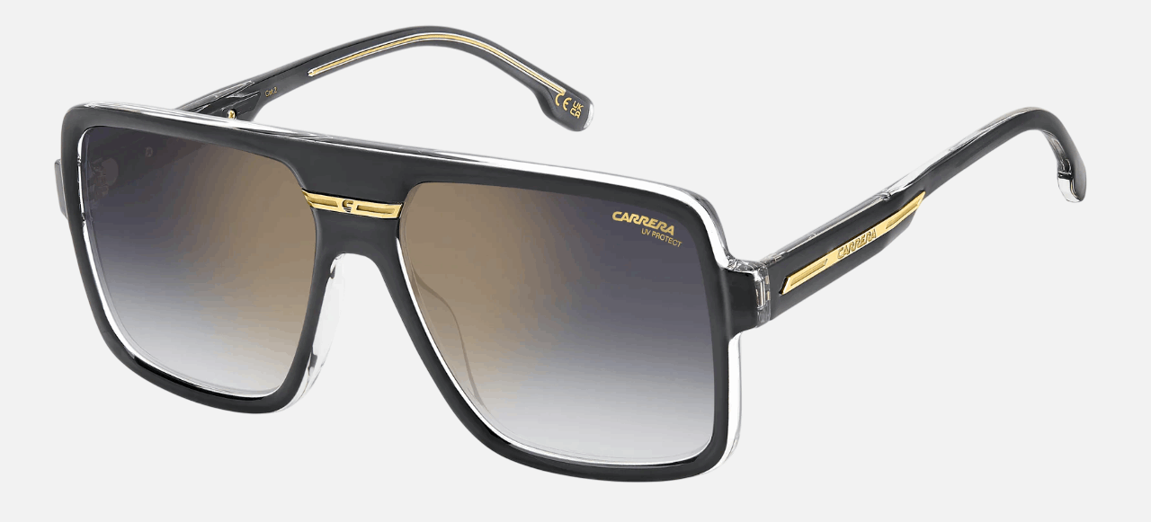 Carrera VICTORY C 09/S KB7  men's full rim rectangle sunglasses in grey frame and grey gradient gold mirror lenses, with 59mm lens size, 16mm bridge size, and 145mm temple size. Available in Dubai, UAE.