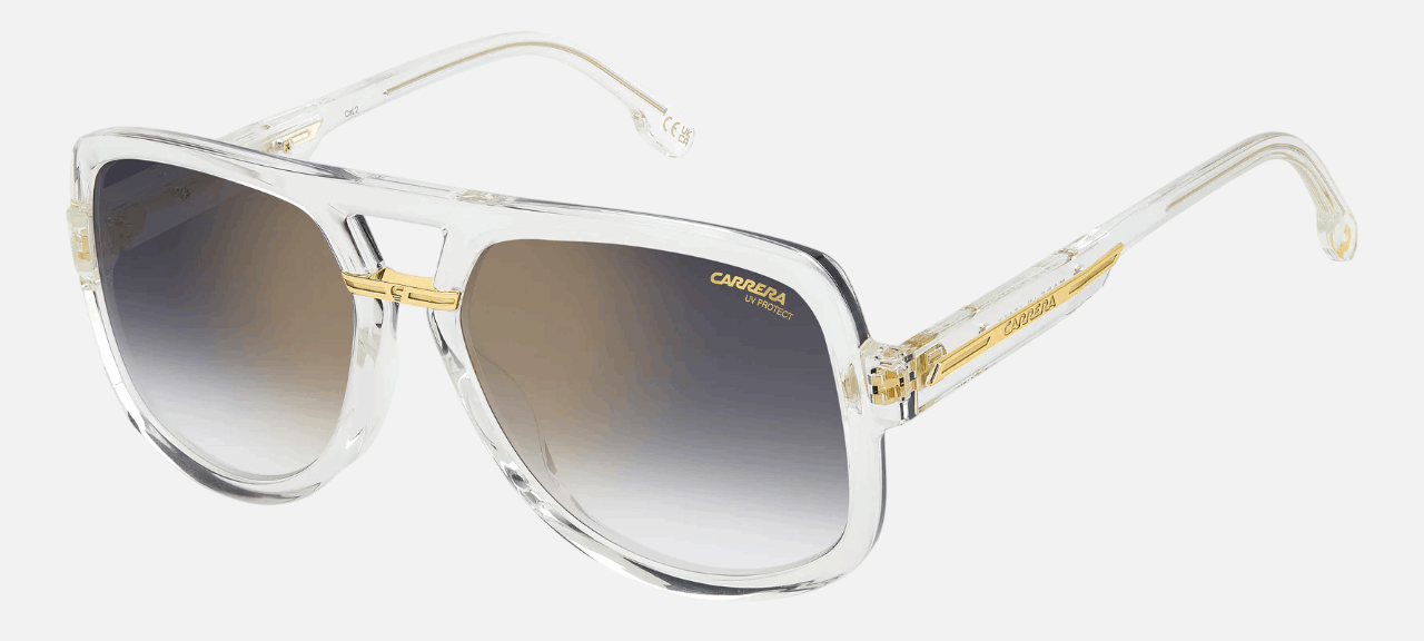 Carrera VICTORY C 10/S REJ  men's full rim square sunglasses in transparent gold frame and grey gradient gold mirror lenses, with 59mm lens size, 17mm bridge size, and 145mm temple size. Available in Dubai, UAE.