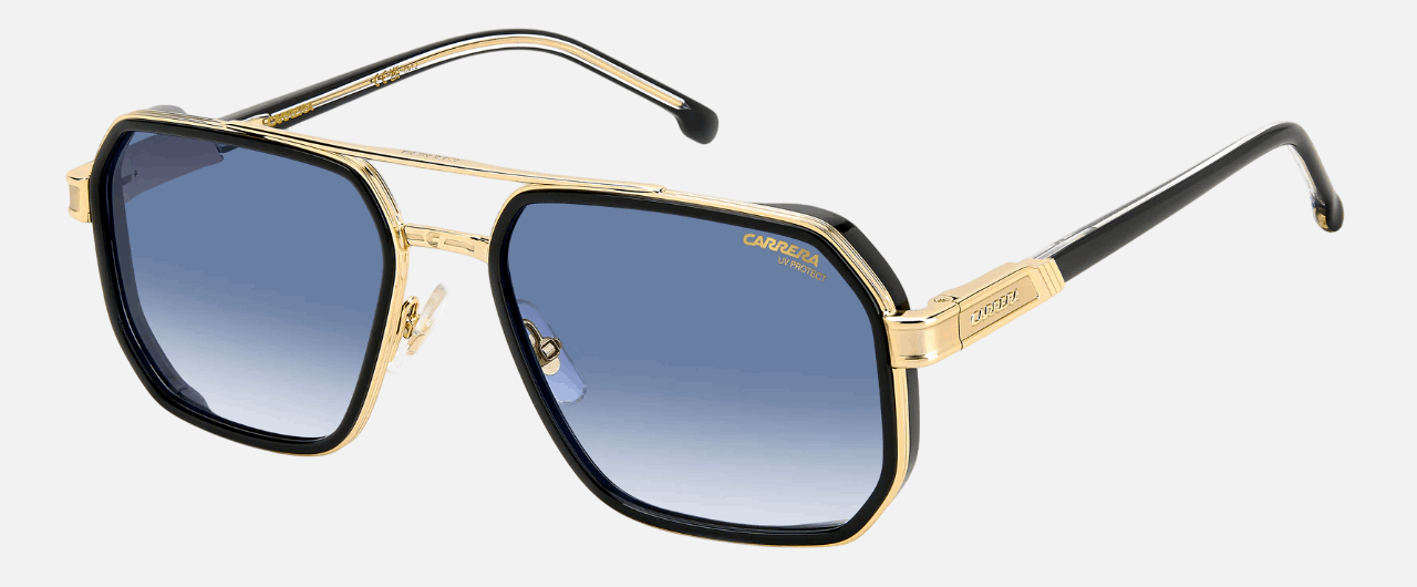Carrera 1069/S 2M2 men's full rim irregular sunglasses in black gold frame and dark blue gradient lenses, with 58 mm lens size, 19 mm bridge size, and 145 mm temple size. Available in Dubai, UAE.