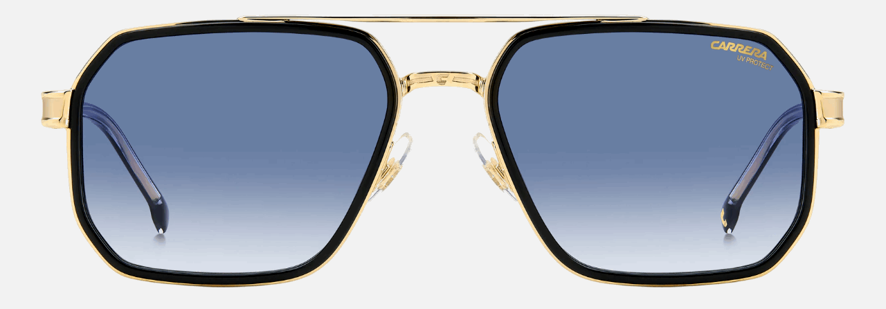 Carrera 1069/S 2M2 men's full rim irregular sunglasses in black gold frame and dark blue gradient lenses, with 58 mm lens size, 19 mm bridge size, and 145 mm temple size. Available in Dubai, UAE.