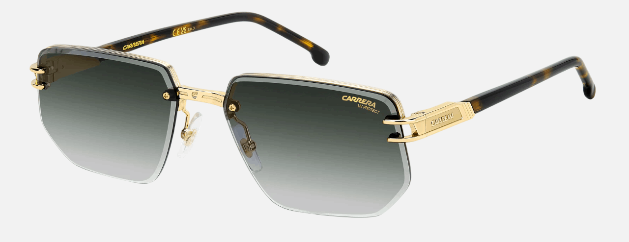Carrera 1070/S 0NR men's semi-rimless rectangle sunglasses in gold brown havana frame and green gradient lenses, with 60 mm lens size, 17 mm bridge size, and 145 mm temple size. Available in Dubai, UAE.