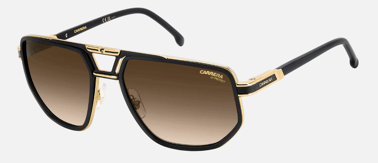 Carrera 1072/S I46 men's full rim irregular sunglasses in matte black gold frame and black brown green antireflex lenses, with 61 mm lens size, 17 mm bridge size, and 145 mm temple size. Available in Dubai, UAE.