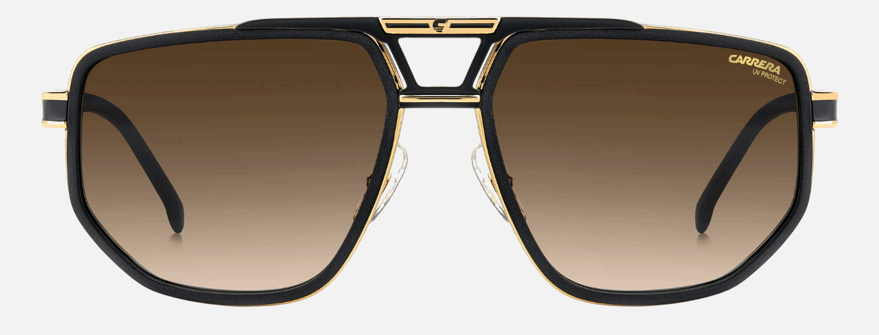Carrera 1072/S I46 men's full rim irregular sunglasses in matte black gold frame and black brown green antireflex lenses, with 61 mm lens size, 17 mm bridge size, and 145 mm temple size. Available in Dubai, UAE.