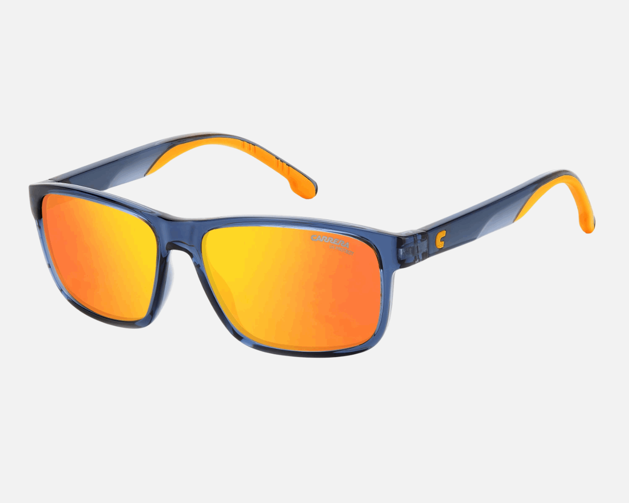 Carrera 2047T/S RTC kids's full rim rectangle sunglasses in blue orange frame and red multilayer lenses, with 54 mm lens size, 13 mm bridge size, and 135 mm temple size. Available in Dubai, UAE.