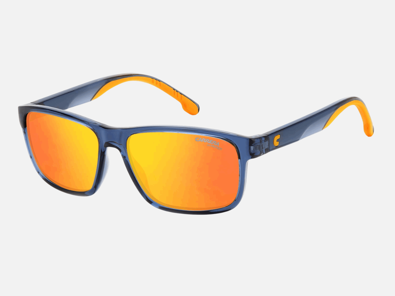 Carrera 2047T/S RTC kids's full rim rectangle sunglasses in blue orange frame and red multilayer lenses, with 54 mm lens size, 13 mm bridge size, and 135 mm temple size. Available in Dubai, UAE.