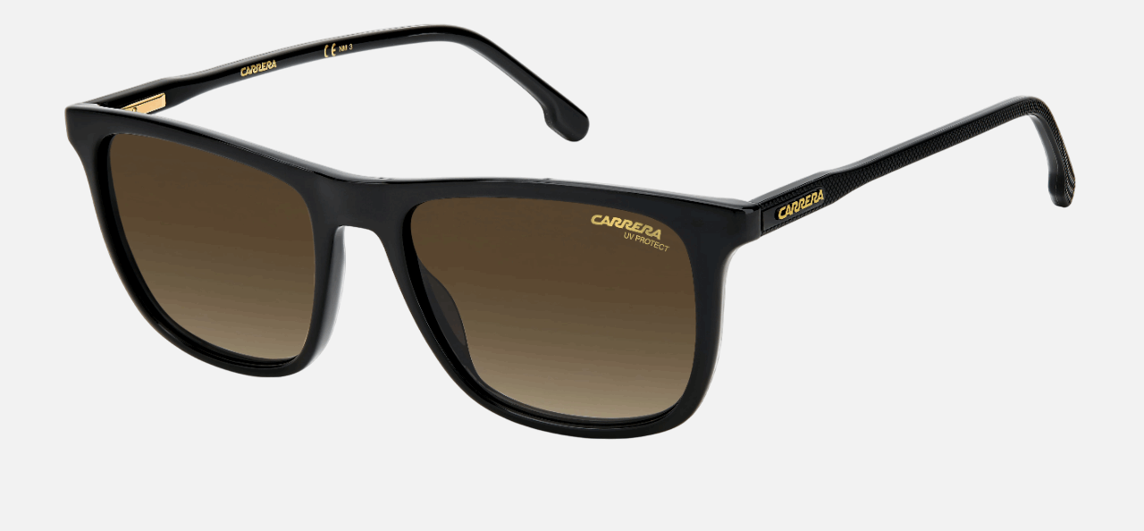 Carrera 261/S 807 men's full rim pillow sunglasses in black frame and brown gradient lenses, with 53 mm lens size, 18 mm bridge size, and 145 mm temple size. Available in Dubai, UAE.
