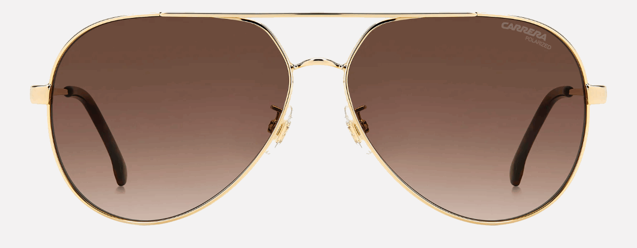 Carrera 3005/S 06J women's full rim pilot sunglasses in gold havana frame and brown gradient polarized lenses, with 63 mm lens size, 13 mm bridge size, and 140 mm temple size. Available in Dubai, UAE.