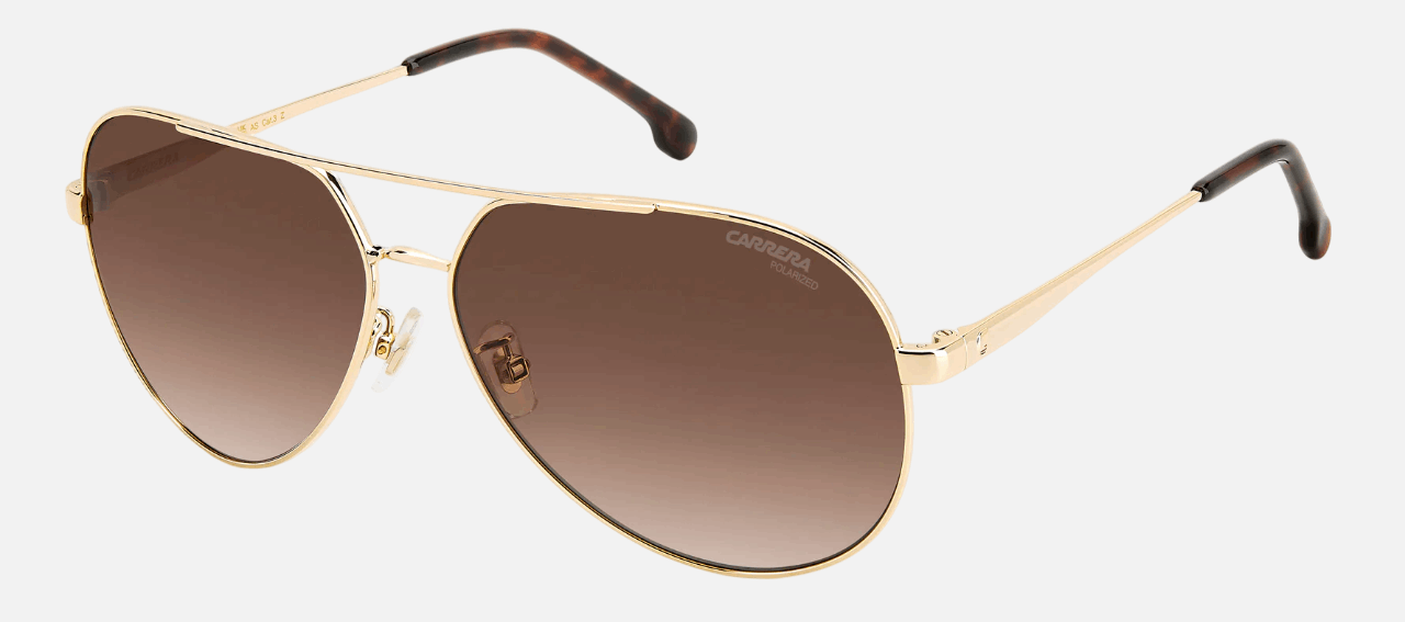 Carrera 3005/S 06J women's full rim pilot sunglasses in gold havana frame and brown gradient polarized lenses, with 63 mm lens size, 13 mm bridge size, and 140 mm temple size. Available in Dubai, UAE.