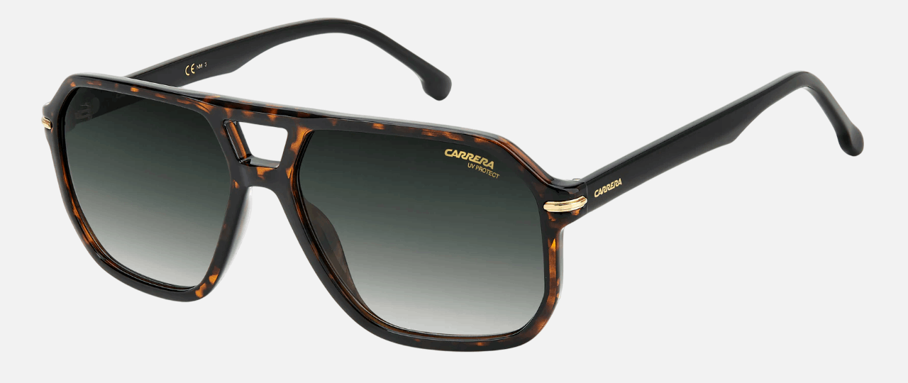 Carrera 302/S/N 086 men's full rim pilot sunglasses in havana frame and green gradient lenses, with 59 mm lens size, 15 mm bridge size, and 145 mm temple size. Available in Dubai, UAE.