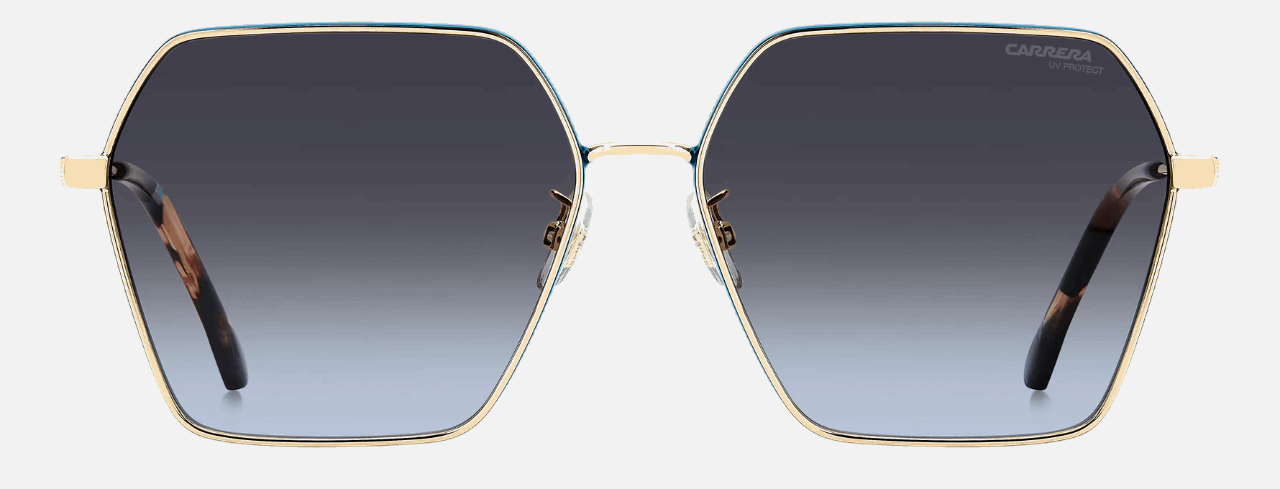 Carrera 3057/S OGA women's full rim irregular sunglasses in gold teal frame and dark grey gradient lenses, with 60 mm lens size, 15 mm bridge size, and 140 mm temple size. Available in Dubai, UAE.