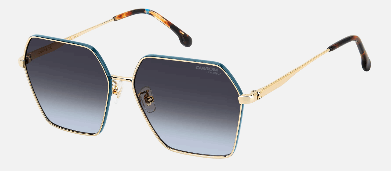 Carrera 3057/S OGA women's full rim irregular sunglasses in gold teal frame and dark grey gradient lenses, with 60 mm lens size, 15 mm bridge size, and 140 mm temple size. Available in Dubai, UAE.