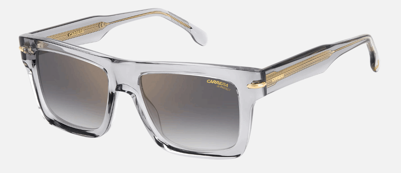 Carrera 305/S KB7 unisex's full rim rectangle sunglasses in transparent grey frame and grey gradient lenses, with 54 mm lens size, 17 mm bridge size, and 150 mm temple size. Available in Dubai, UAE.