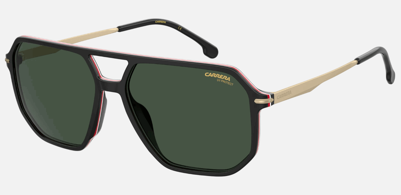 Carrera 324/S 807 men's full rim irregular sunglasses in black frame and green lenses, with 59 mm lens size, 15 mm bridge size, and 145 mm temple size. Available in Dubai, UAE.