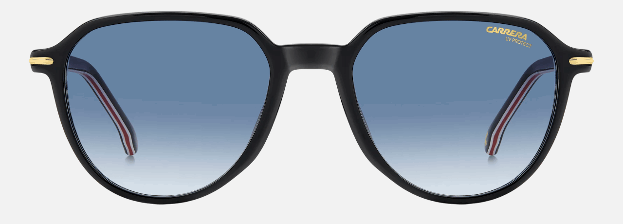 Carrera 342/S 2M2 men's full rim phantos sunglasses in black gold frame and dark blue gradient lenses, with 53 mm lens size, 19 mm bridge size, and 145 mm temple size. Available in Dubai, UAE.