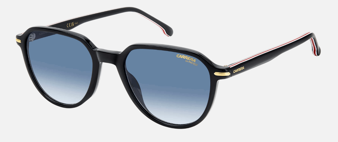 Carrera 342/S 2M2 men's full rim phantos sunglasses in black gold frame and dark blue gradient lenses, with 53 mm lens size, 19 mm bridge size, and 145 mm temple size. Available in Dubai, UAE.