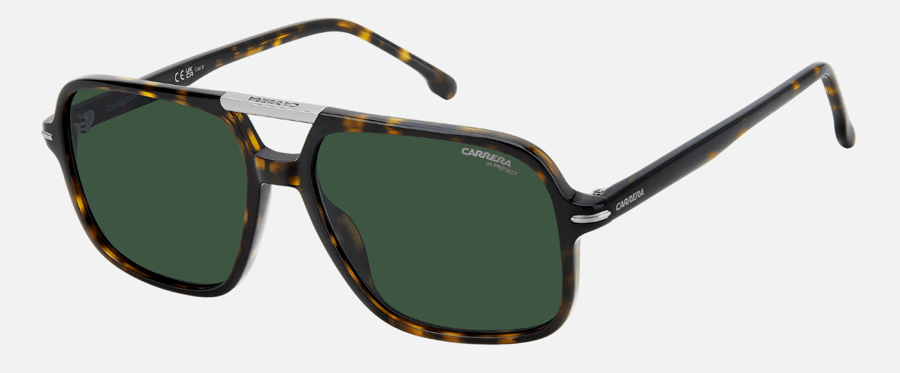 Carrera 350/S 086 men's full rim rectangle sunglasses in havana frame and green lenses, with 58 mm lens size, 16 mm bridge size, and 145 mm temple size. Available in Dubai, UAE.