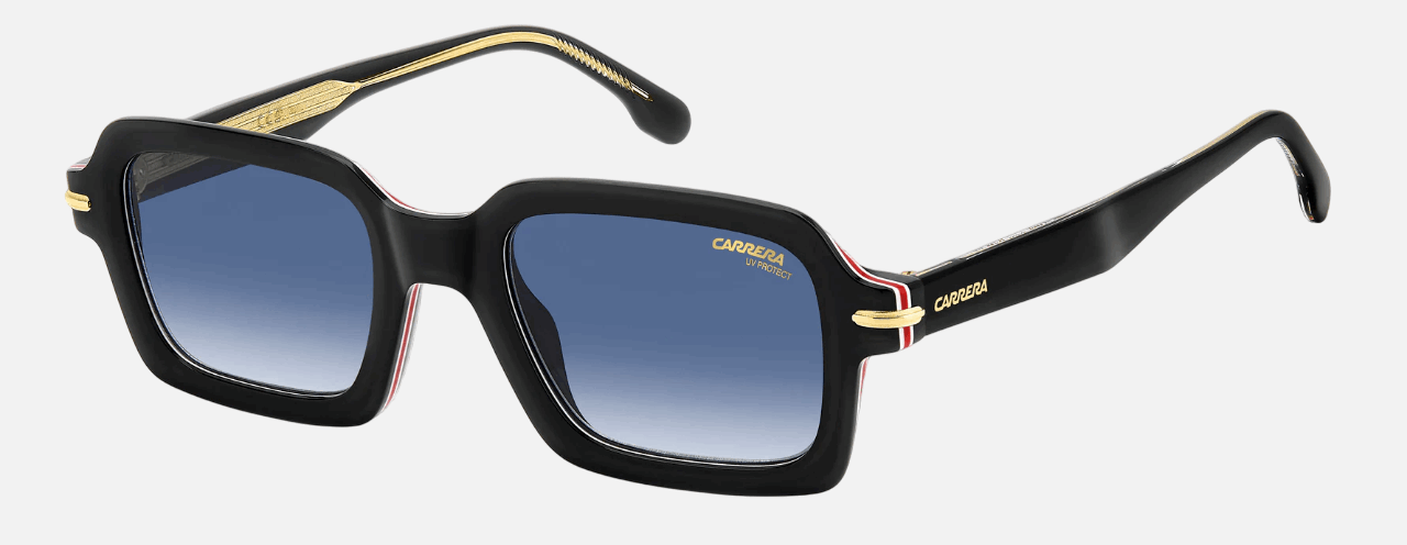 Carrera 358/S 2M2 men's full rim rectangle sunglasses in black gold frame and dark blue gradient lenses, with 50 mm lens size, 22 mm bridge size, and 150 mm temple size. Available in Dubai, UAE.
