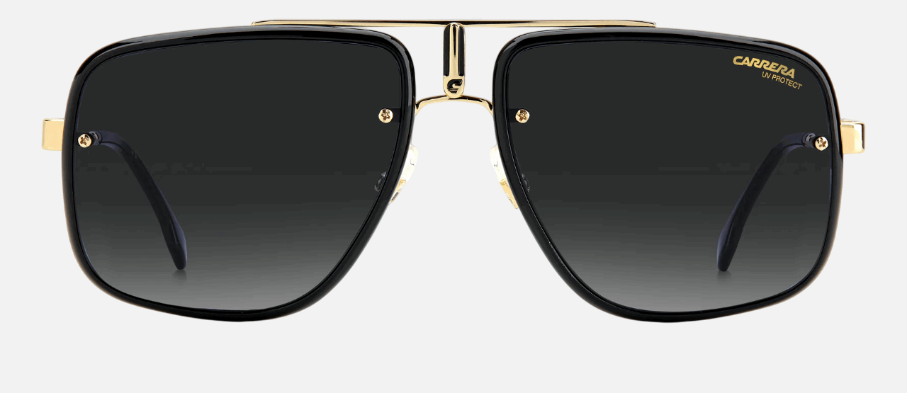 Carrera CA GLORY II RHL men's full rim pilot sunglasses in black gold frame and grey gradient lenses, with 59 mm lens size, 18 mm bridge size, and 145 mm temple size. Available in Dubai, UAE.