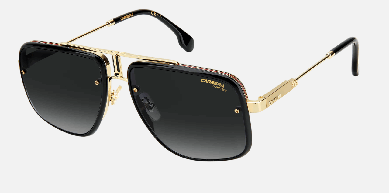 Carrera CA GLORY II RHL men's full rim pilot sunglasses in black gold frame and grey gradient lenses, with 59 mm lens size, 18 mm bridge size, and 145 mm temple size. Available in Dubai, UAE.