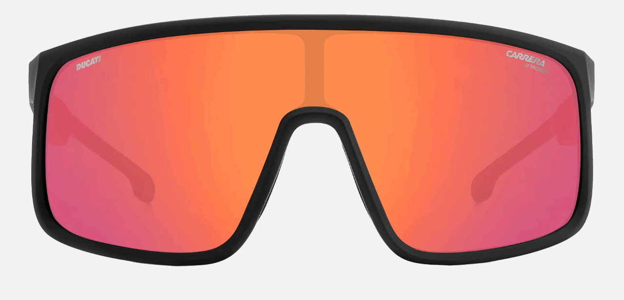 Carrera CARDUC 017/S OIT men's full rim mask sunglasses in black frame and red multilayer lenses, with 99mm lens size, 1mm bridge size, and 125mm temple size. Available in Dubai, UAE.