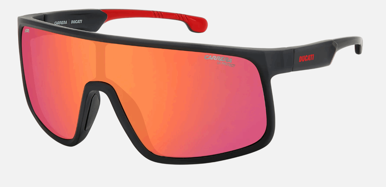 Carrera CARDUC 017/S OIT men's full rim mask sunglasses in black frame and red multilayer lenses, with 99mm lens size, 1mm bridge size, and 125mm temple size. Available in Dubai, UAE.