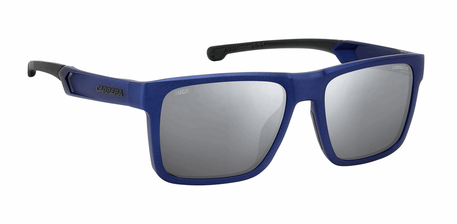Carrera CARDUC 021/S TZQ  men's full rim rectangle sunglasses in blue frame and silver mirror lenses, with 55mm lens size, 17mm bridge size, and 145mm temple size. Available in Dubai, UAE.