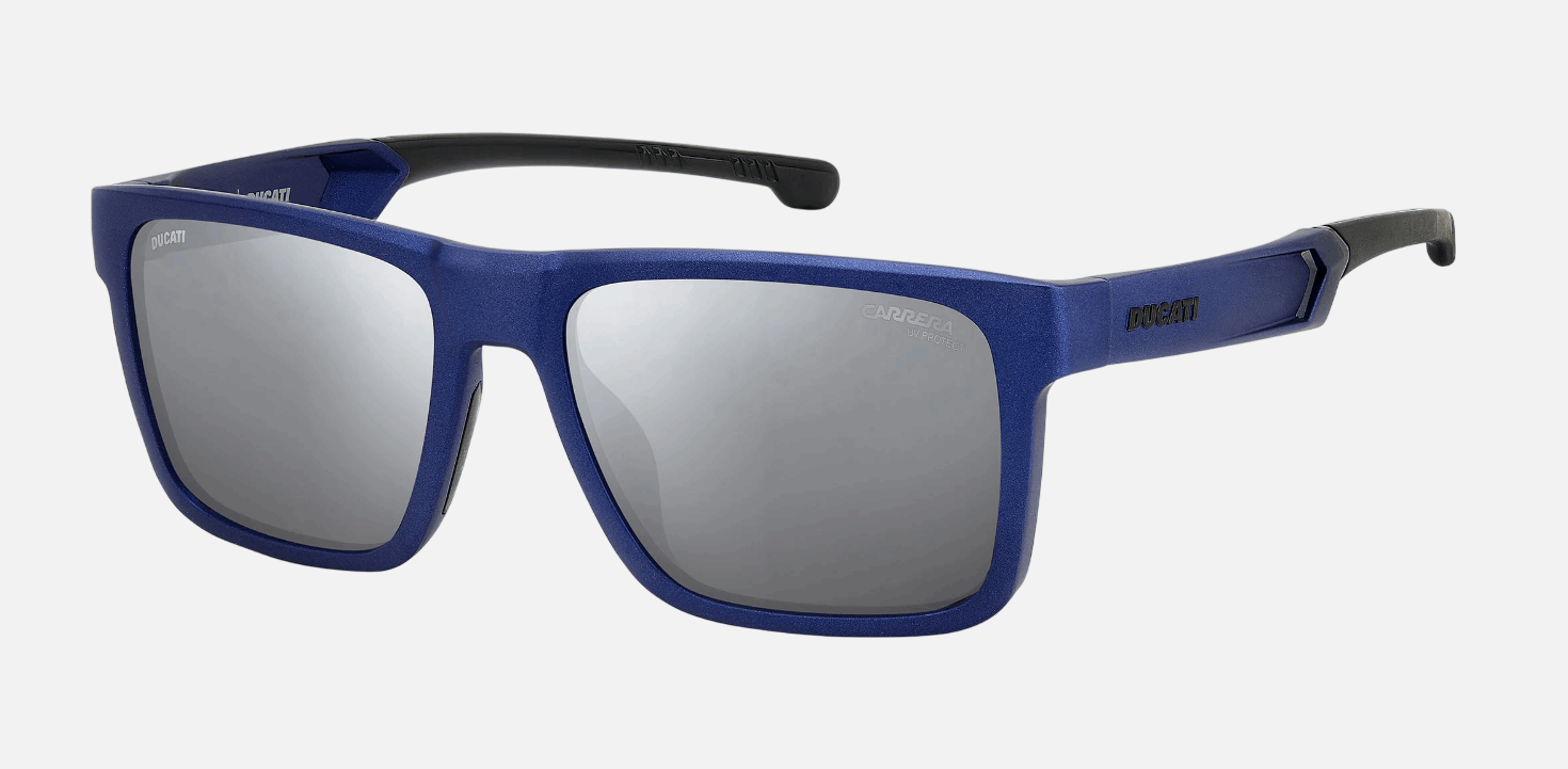 Carrera CARDUC 021/S TZQ  men's full rim rectangle sunglasses in blue frame and silver mirror lenses, with 55mm lens size, 17mm bridge size, and 145mm temple size. Available in Dubai, UAE.