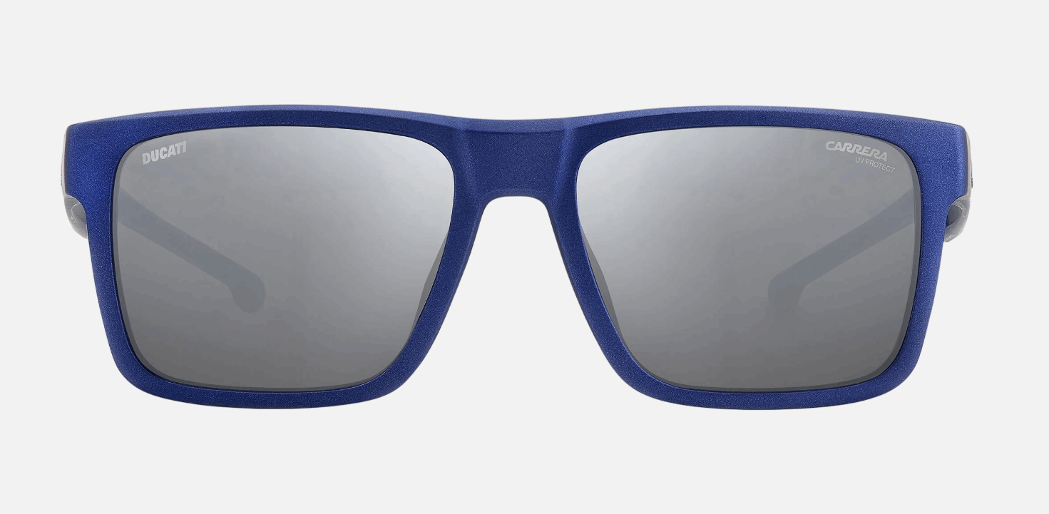 Carrera CARDUC 021/S TZQ  men's full rim rectangle sunglasses in blue frame and silver mirror lenses, with 55mm lens size, 17mm bridge size, and 145mm temple size. Available in Dubai, UAE.