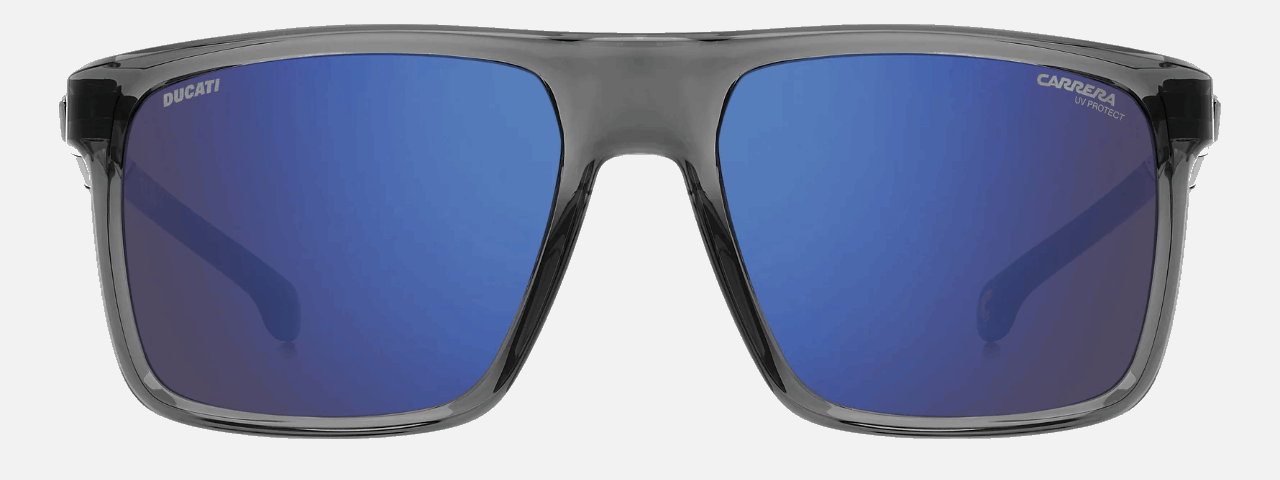 Carrera CARDUC 049/S KB7  men's full rim square sunglasses in grey frame and blue sky mirror lenses, with 57mm lens size, 18mm bridge size, and 140mm temple size. Available in Dubai, UAE.