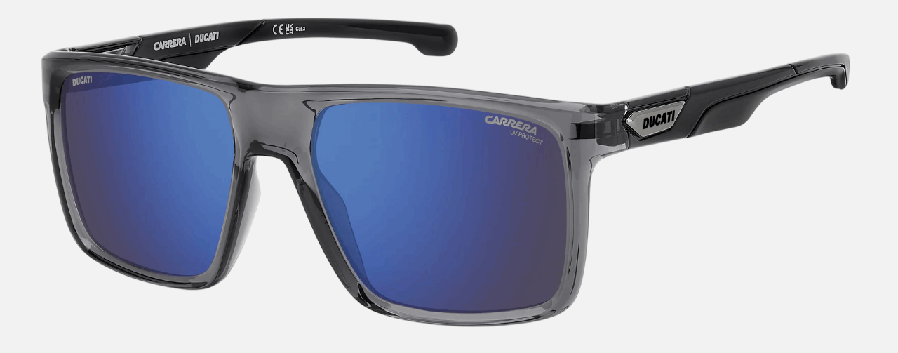 Carrera CARDUC 049/S KB7  men's full rim square sunglasses in grey frame and blue sky mirror lenses, with 57mm lens size, 18mm bridge size, and 140mm temple size. Available in Dubai, UAE.