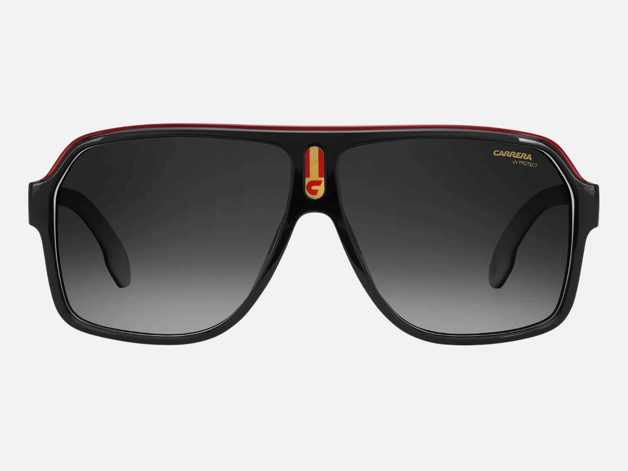 Carrera CARRERA 1001/S 80S  men's full rim square sunglasses in black white frame and dark grey gradient lenses, with 62mm lens size, 11mm bridge size, and 140mm temple size. Available in Dubai, UAE.